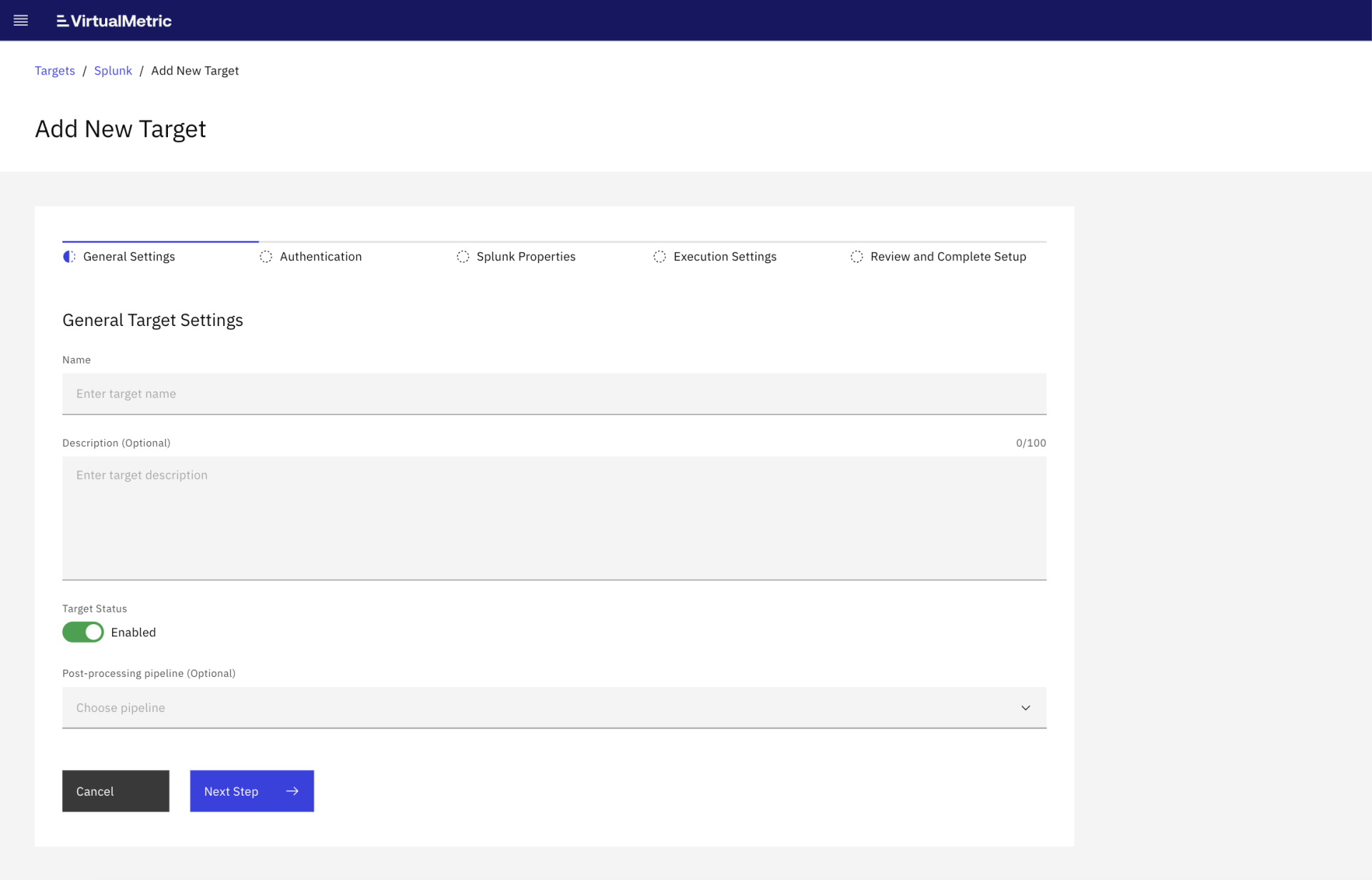 add splunk in virtualmetric targets